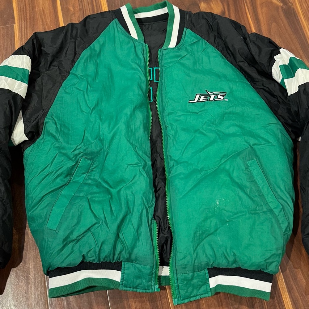 Vintage 90s Chalk Line NY Jets Reversible Puffer Jacket XL – No Zipper